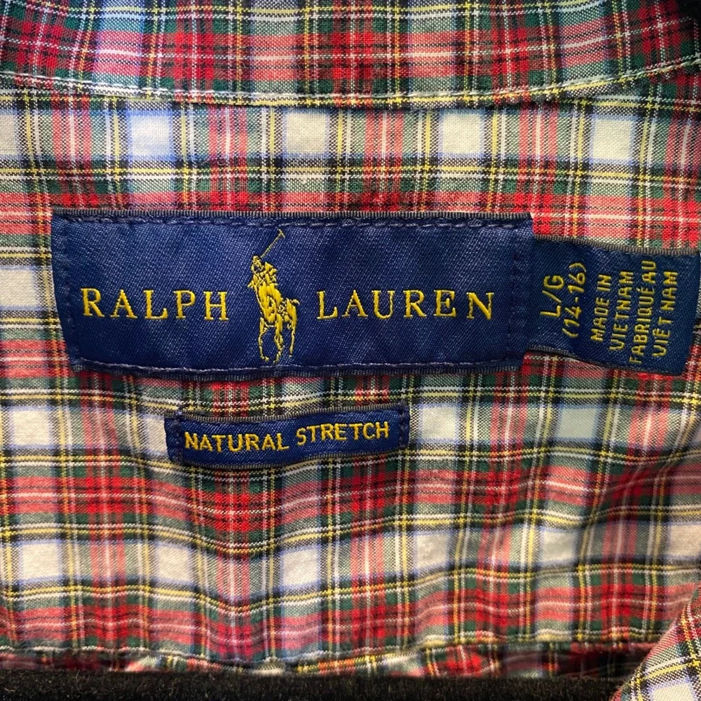 Ralph Lauren Button Down Shirt Boy L 14-16 Red Plaid Natural Stretch Long Sleeve